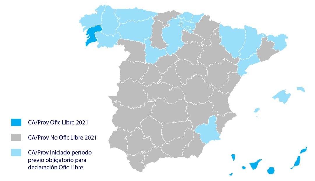 Mapa de las provincias de España y su estatus de tuberculosis bovina.